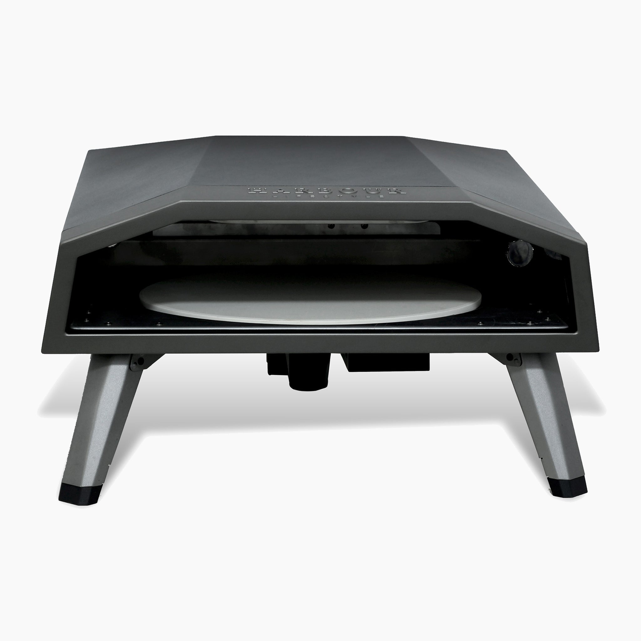The Juno 16" Pizza Oven Bundle with Stainless Steel Pizza Peel is a sleek, black, modern portable outdoor pizza oven featuring an open front, foldable metal legs, and a built-in heat gauge thermometer.