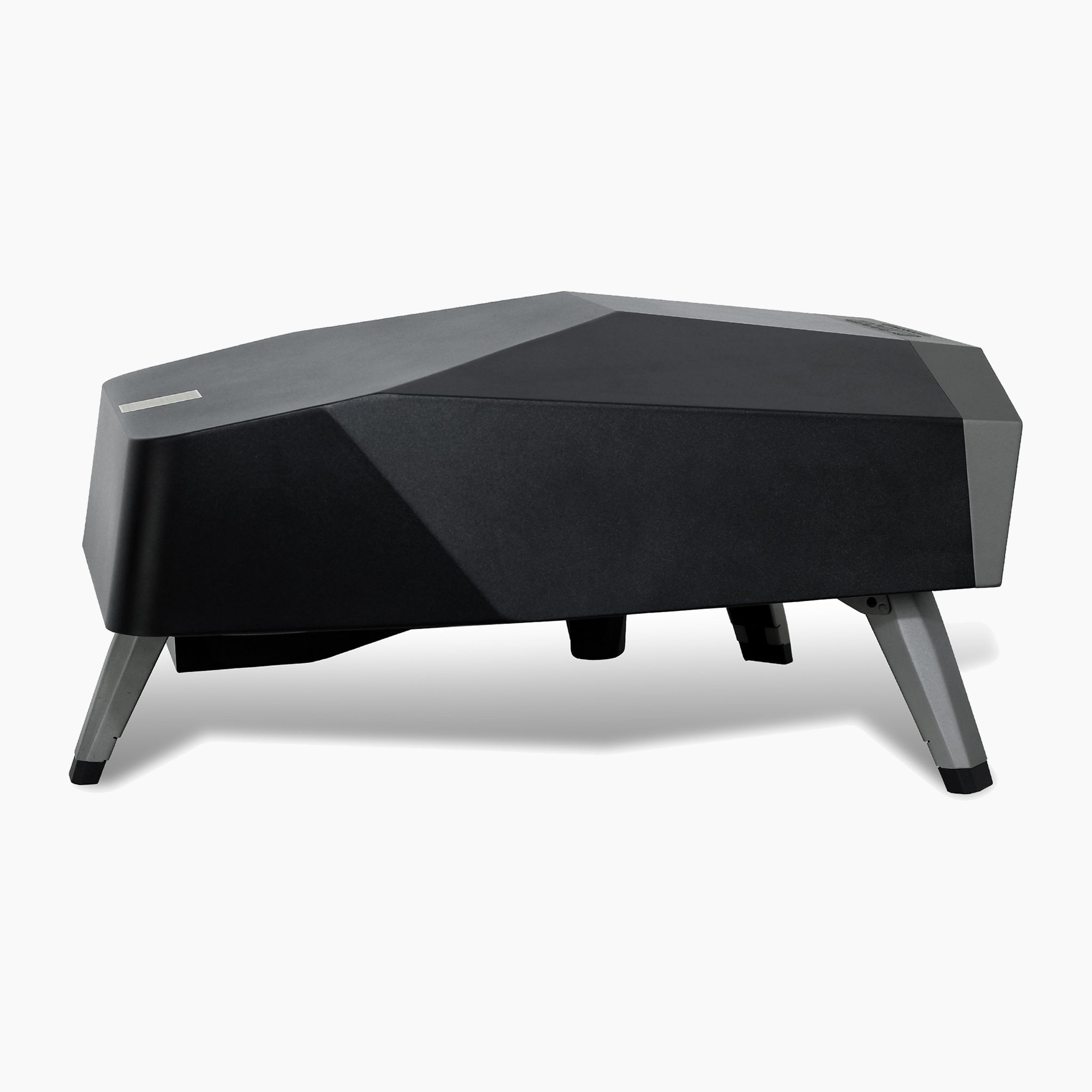 A modern, geometric black and gray 3D Juno 16" Pizza Oven Bundle with an angular design, built-in heat gauge thermometer, and four short metallic legs.