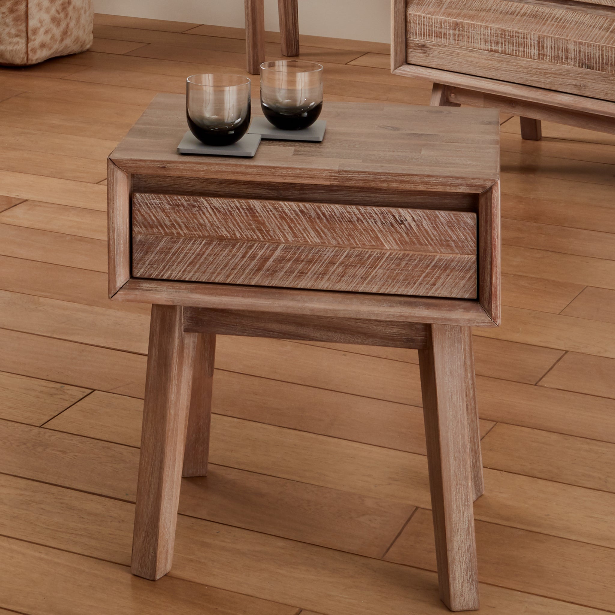 Kalmar Sand Wash Acacia Wood 1 Drawer Bedside Unit