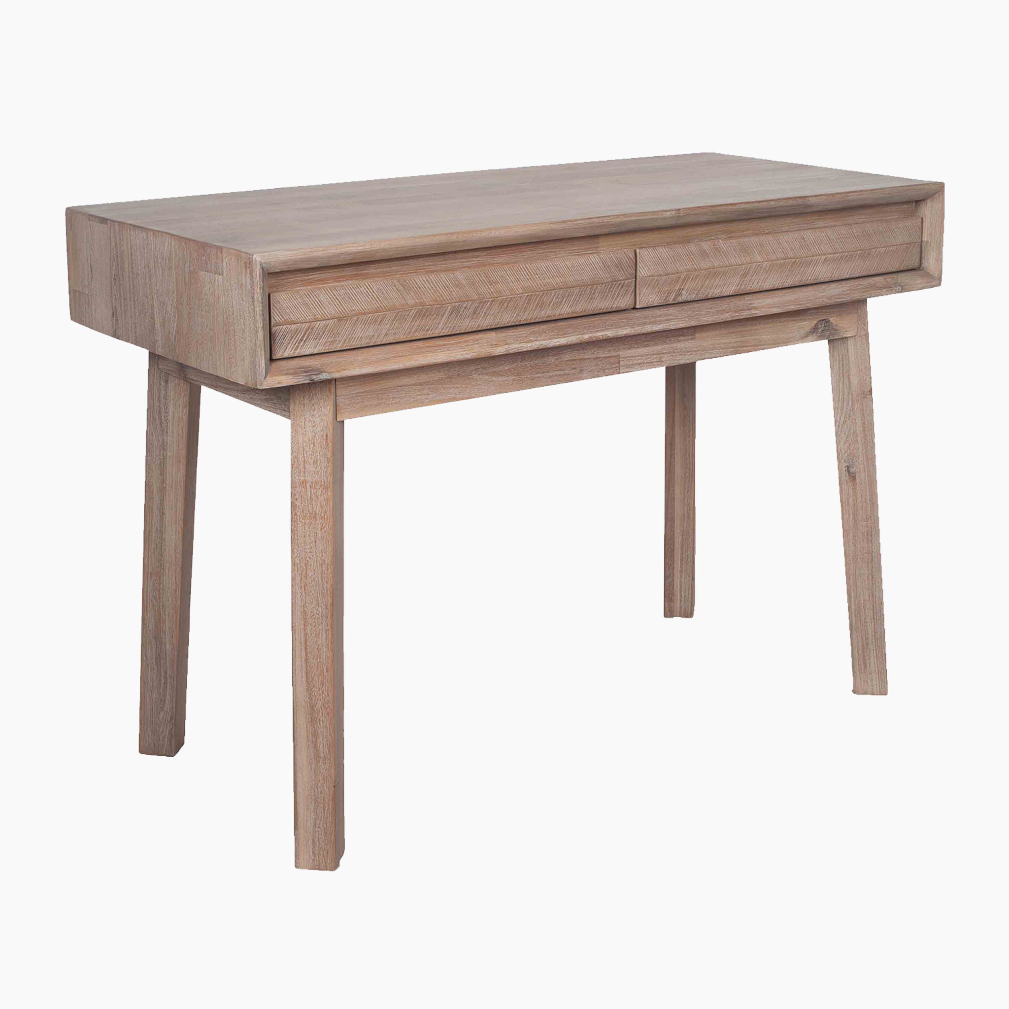 The Pacific Lifestyle Kalmar Sand Wash Desk is a Scandi-style piece crafted from acacia wood, featuring two drawers and four tapered legs.