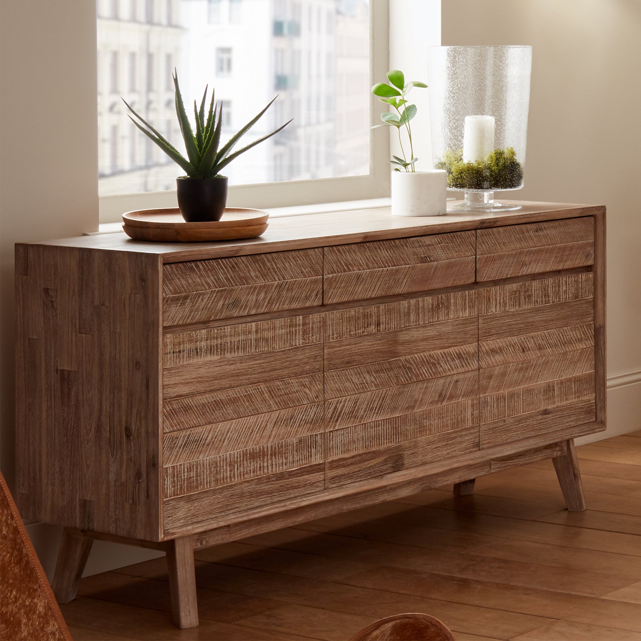 Kalmar Sand Wash Acacia Wood 3 Drawer 3 Door Sideboard