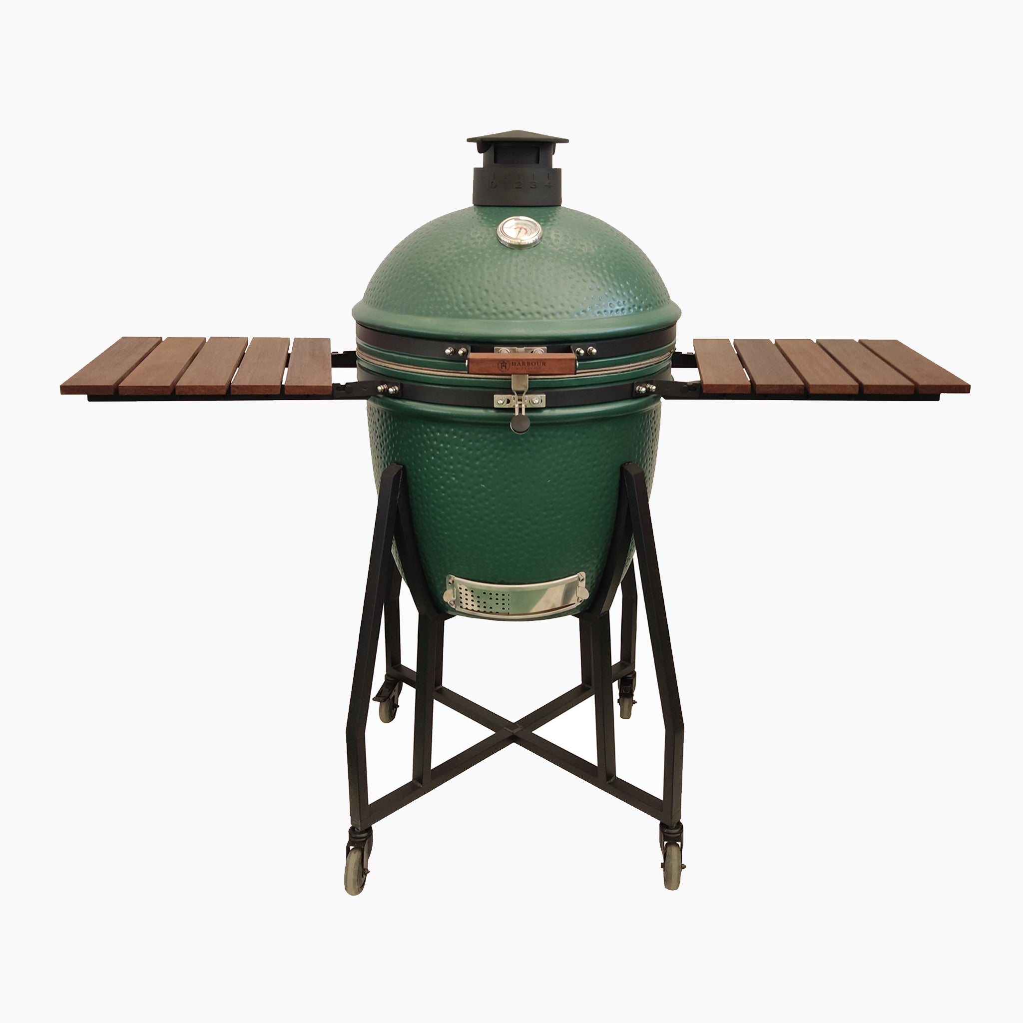 The Kamado BBQ 22" Ceramic Grill in Matte Green features a dome lid, built-in thermometer, foldable wooden side shelves, and a sturdy black metal stand on wheels—perfect for those who enjoy the traditional cooking style of a charcoal smoker.