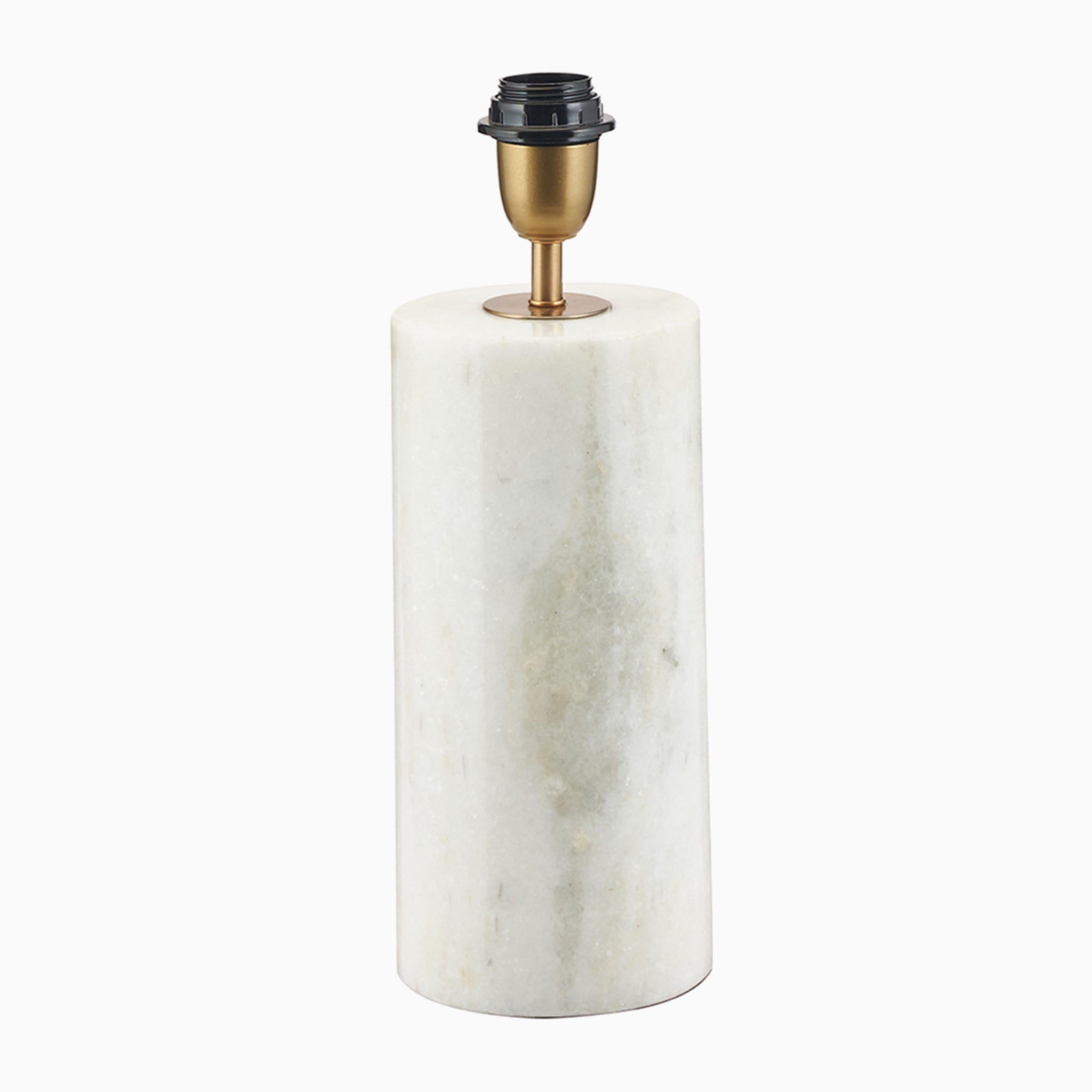 The Pacific Lifestyle - Kiorini White Marble Table Lamp features a cylindrical white marble base and brass socket, elegantly displayed on a white background with perfect proportions and a sleek finish.