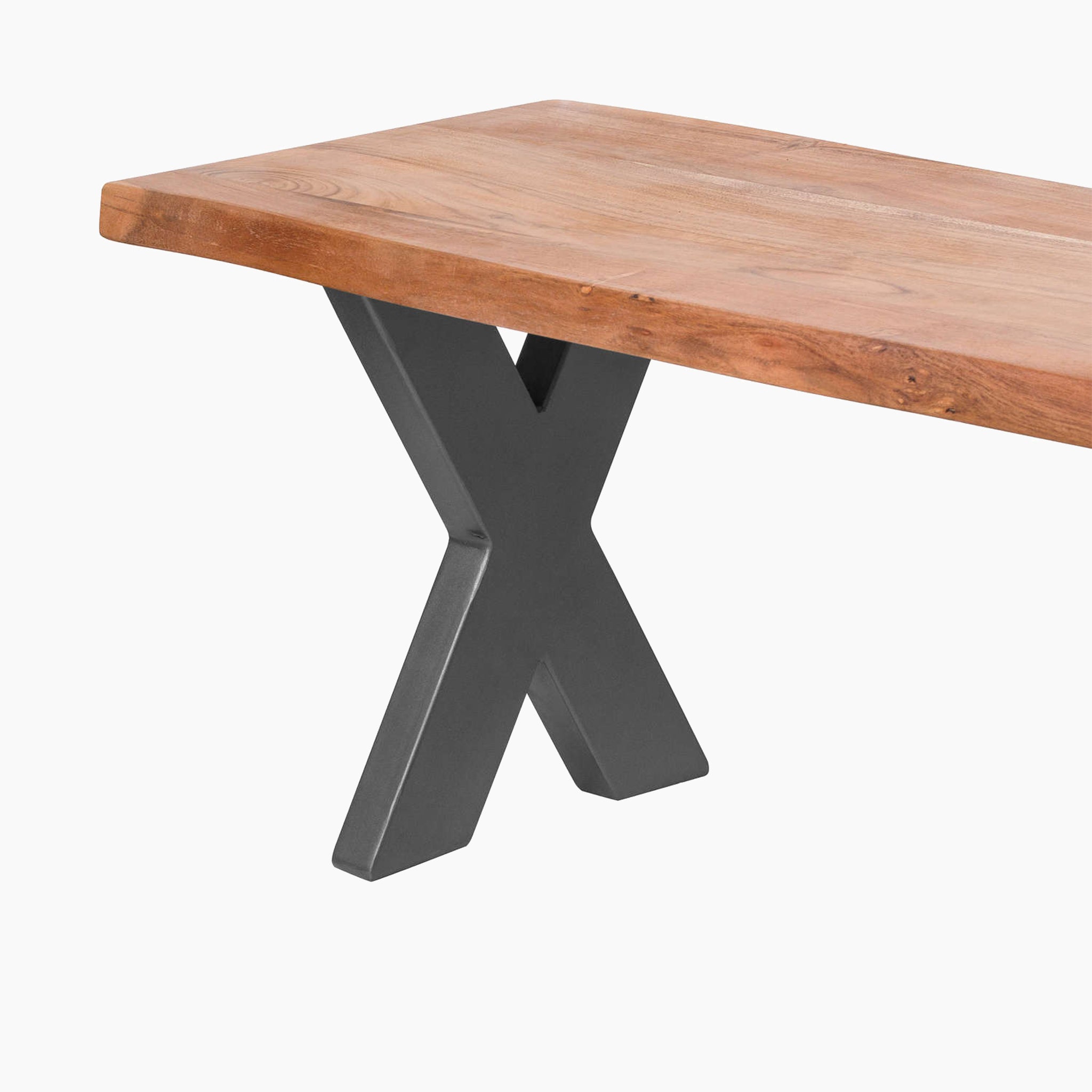 The Live Edge Collection Bench, handcrafted from Indian acacia wood, showcases its natural beauty with a wooden tabletop and black metal X-shaped legs.