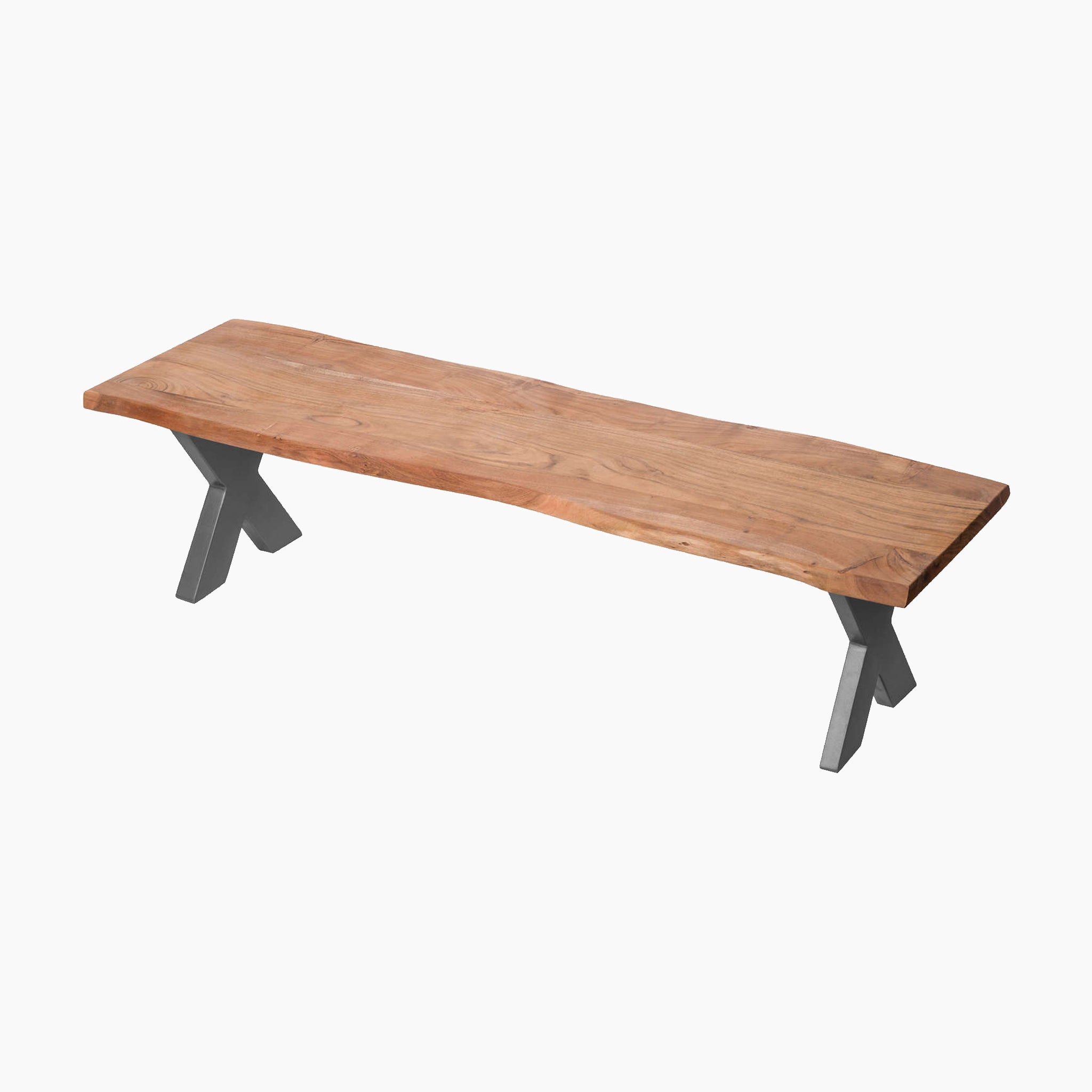 A Live Edge Collection Bench, featuring a light brown top made from Indian acacia wood and gray, X-shaped metal legs, showcased on a white background. This bench is part of our exquisite handmade collection.