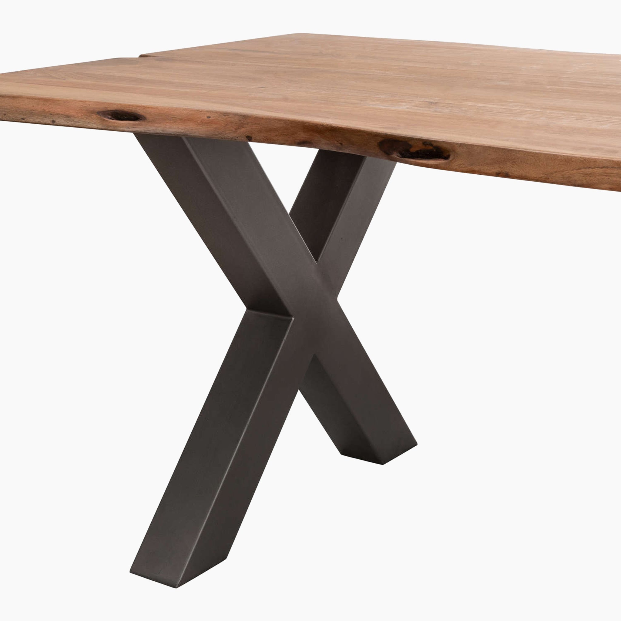 Live Edge Collection Dining Table, featuring a light brown Indian Acacia Wood top and black X-shaped metal legs, creates a striking contrast against the white background with its wooden rustic design.
