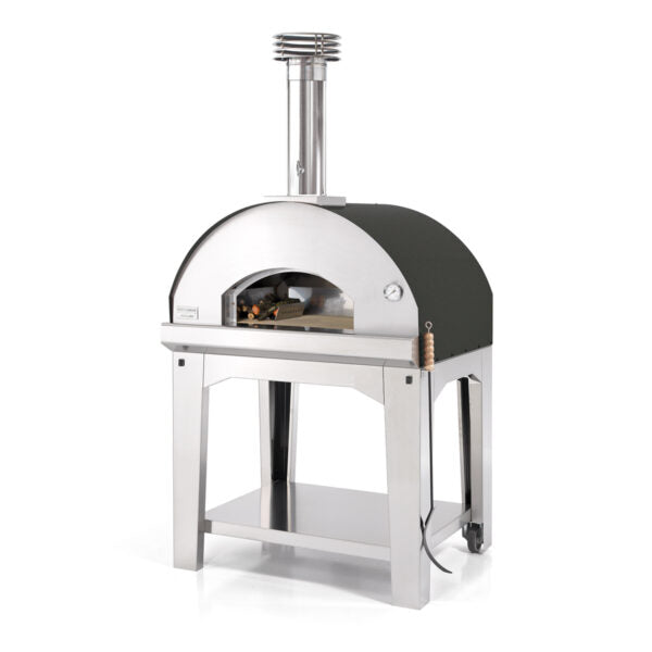 The Fontana Mangiafuoco Anthracite Wood Pizza Oven, including a trolley, is a 304 grade stainless steel wood-fired outdoor oven with a chimney and an integrated stand featuring an additional shelf beneath.