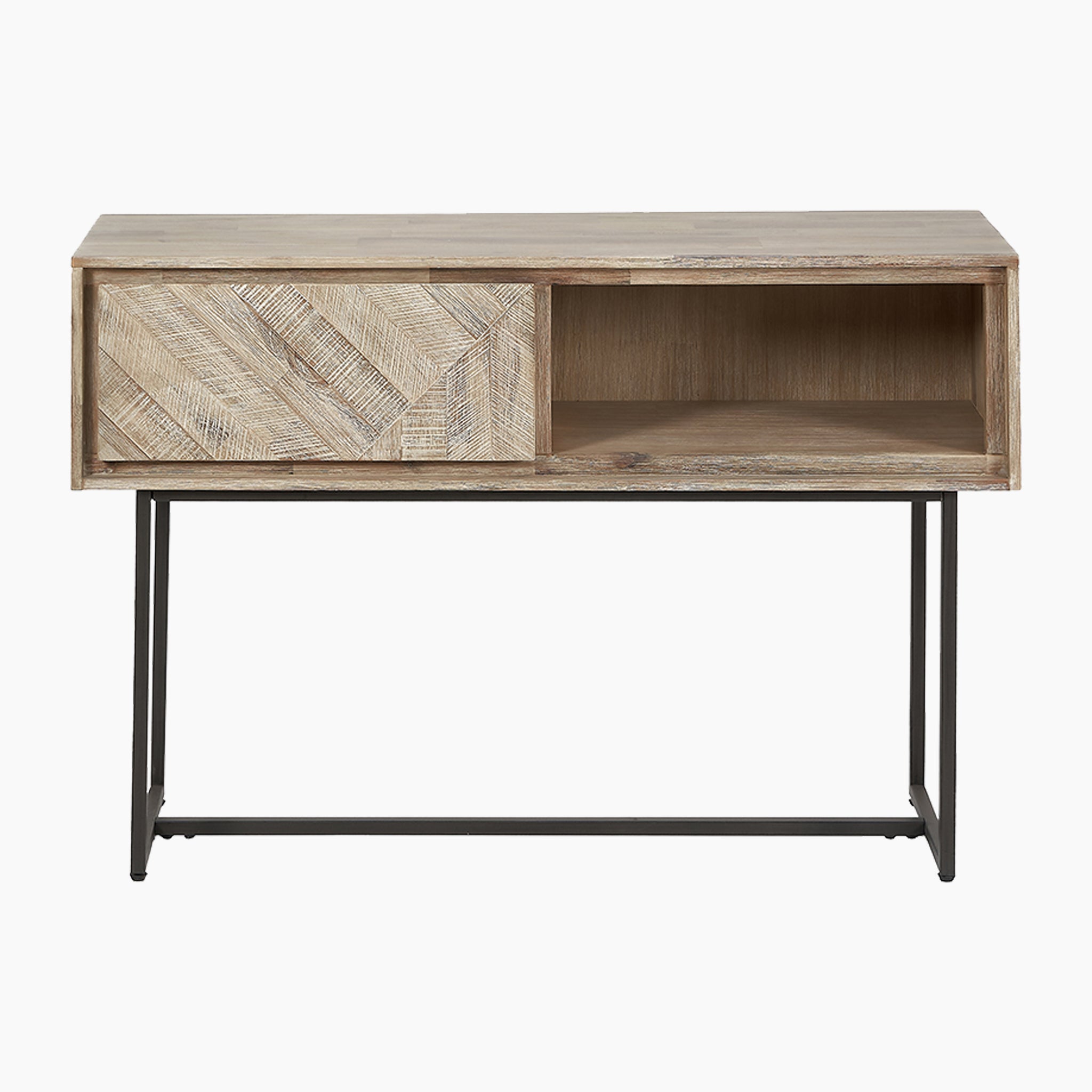 The Pacific Lifestyle - Marca Acacia Wood 1 Drawer Console Table from the Acacia Collection boasts a Scandi design with a chevron-patterned sliding door, open shelf, and black metal legs.