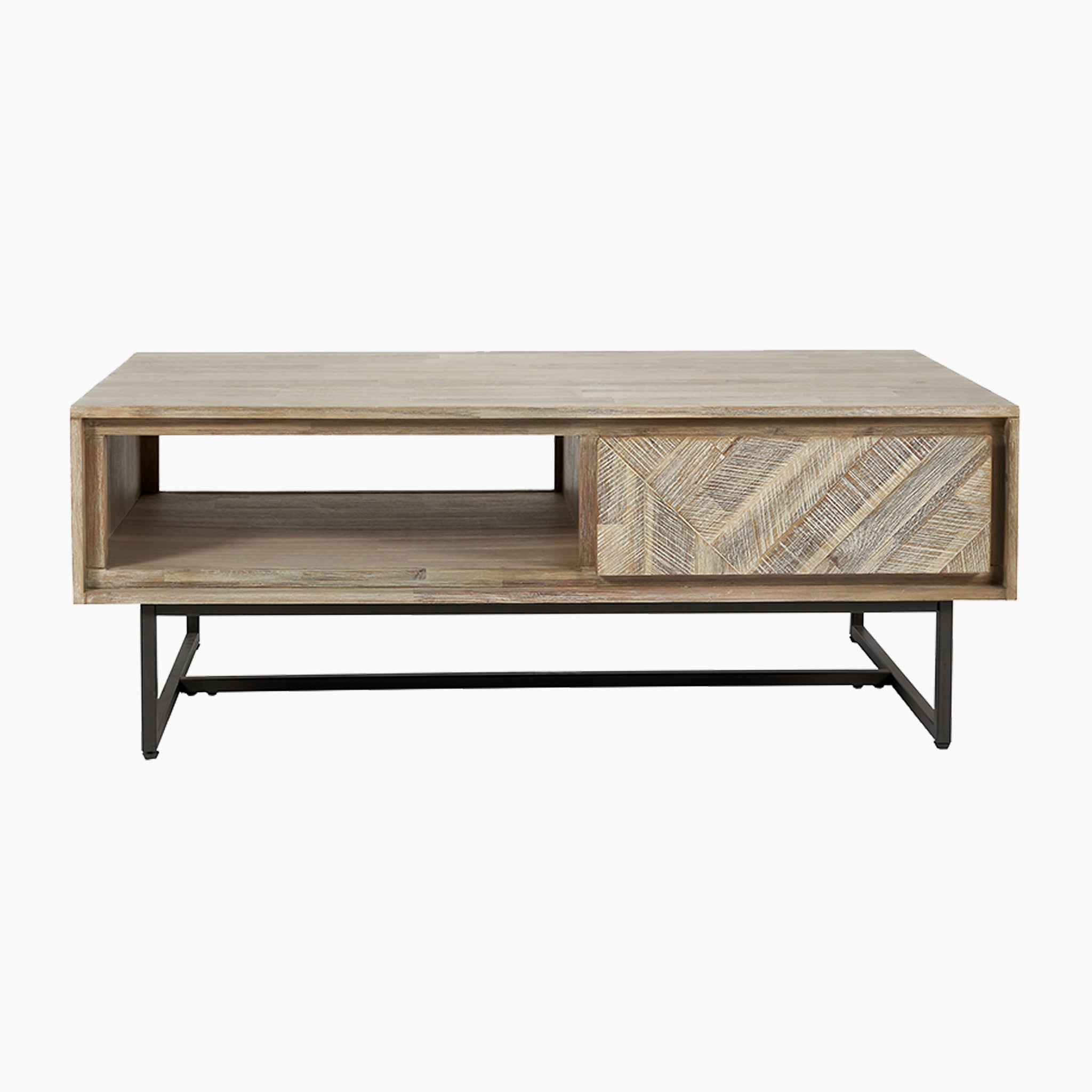 The Pacific Lifestyle - Marca Acacia Wood 2 Drawer Coffee Table features textured wood, an open shelf, a patterned drawer, and sleek metal legs against a white background.