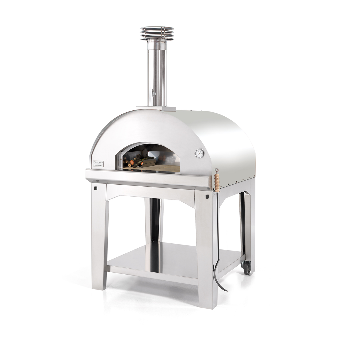 Introducing the Fontana Marinara Stainless Steel Wood Pizza Oven Including Trolley: expertly crafted from stainless steel and equipped with a chimney, thermometer, and a convenient storage shelf underneath. It features refractory chamotte for superior heat retention and natural rock wool insulation to ensure your pizzas are perfectly cooked every time.