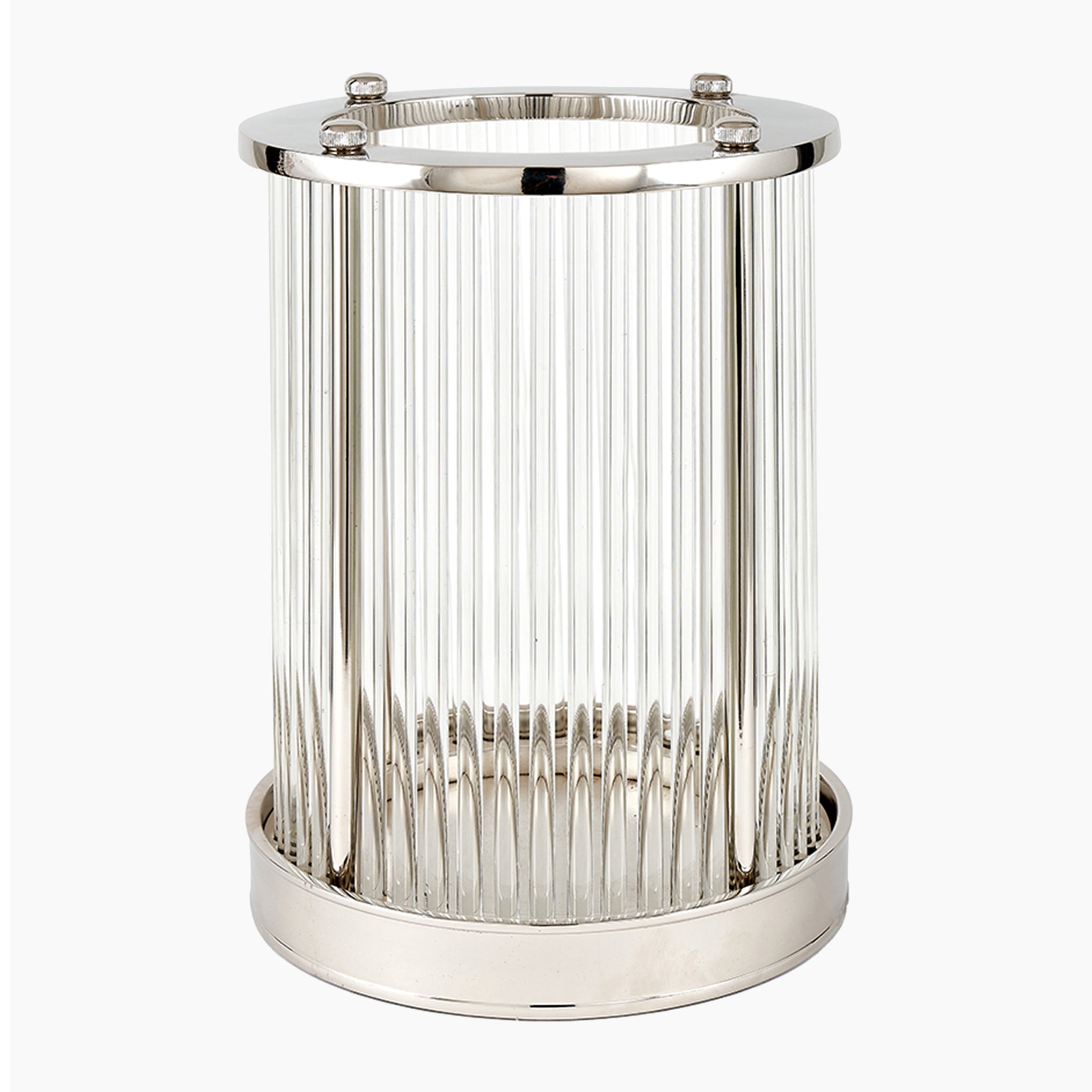 Metal and Clear Textured Glass Large Hurricane in Silver Metal