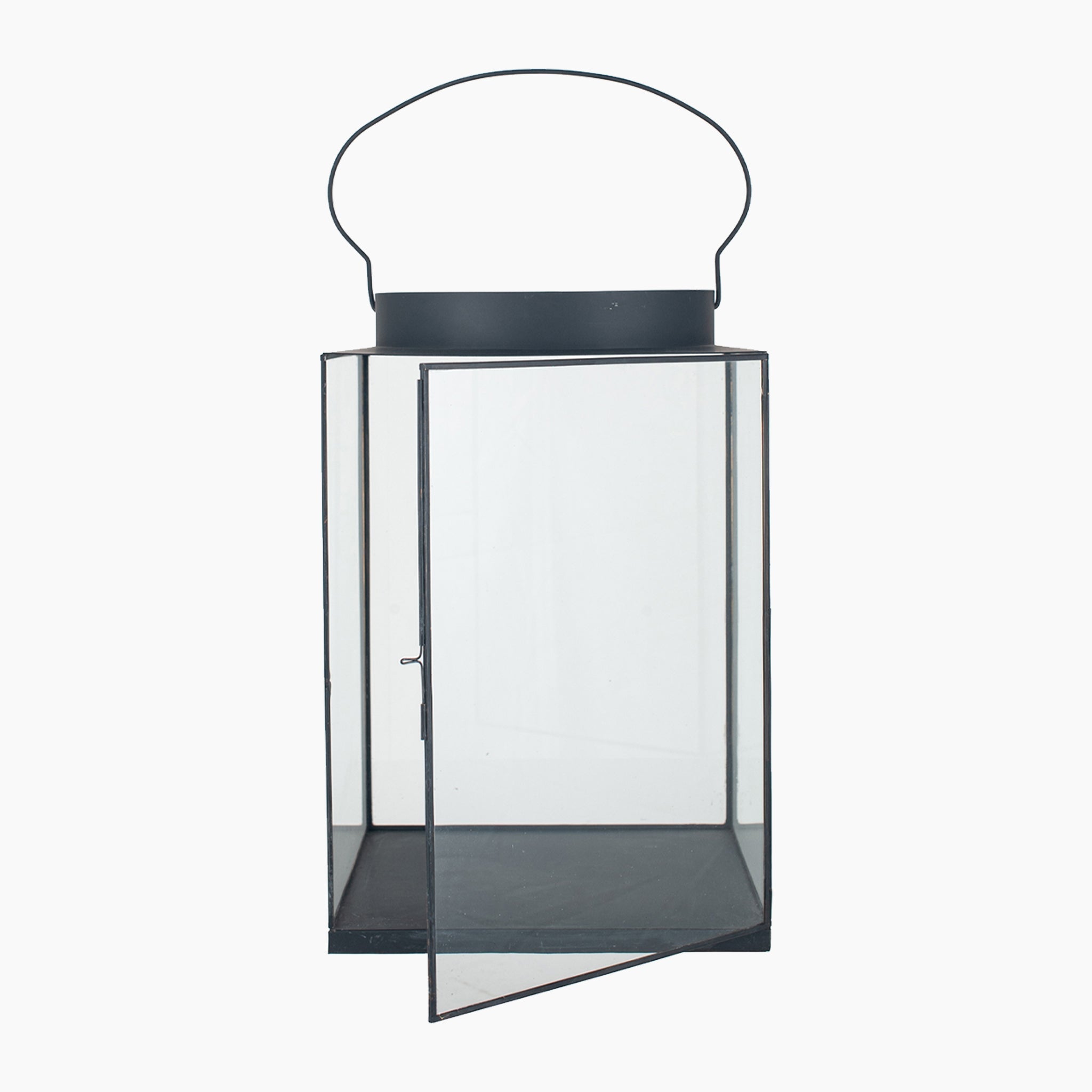 Metal and Glass Large Square Lantern in Matte Black
