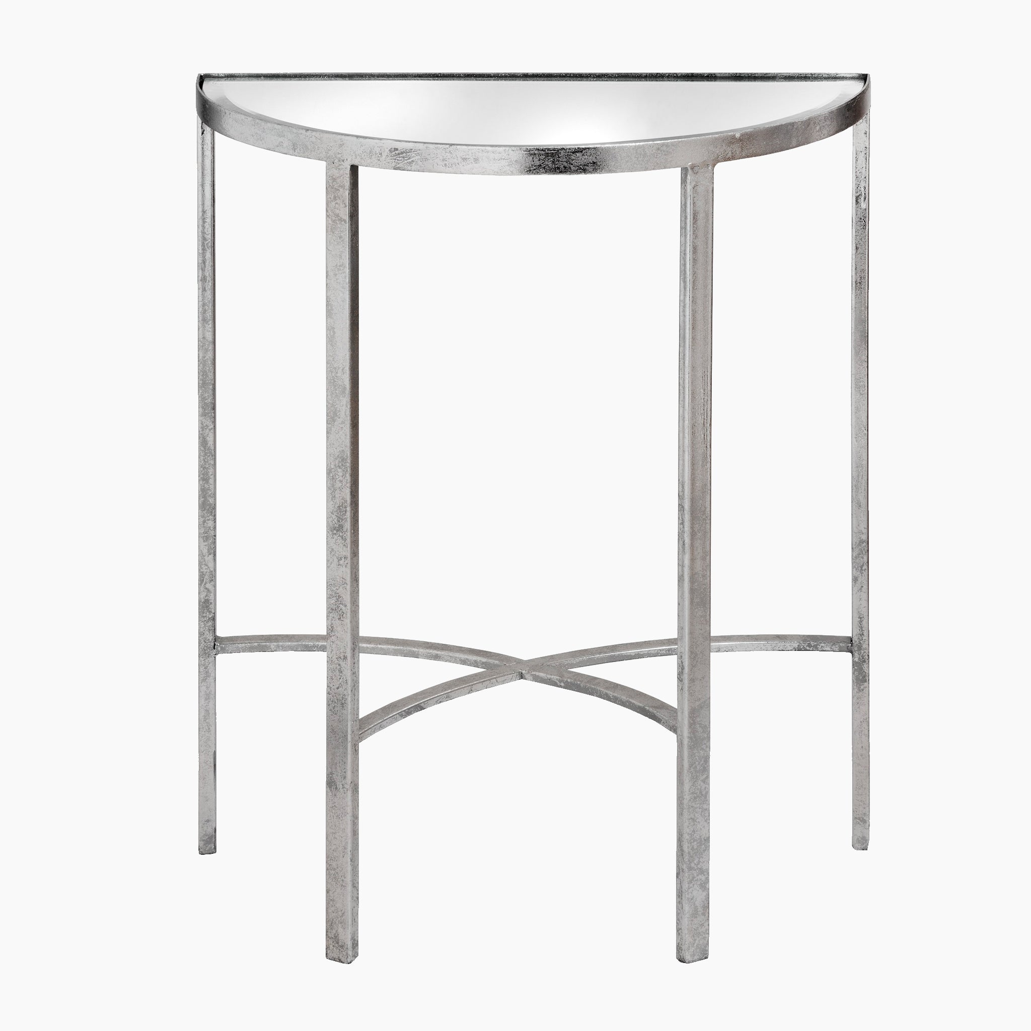 Mirrored Silver Half Moon Table With Cross Detail