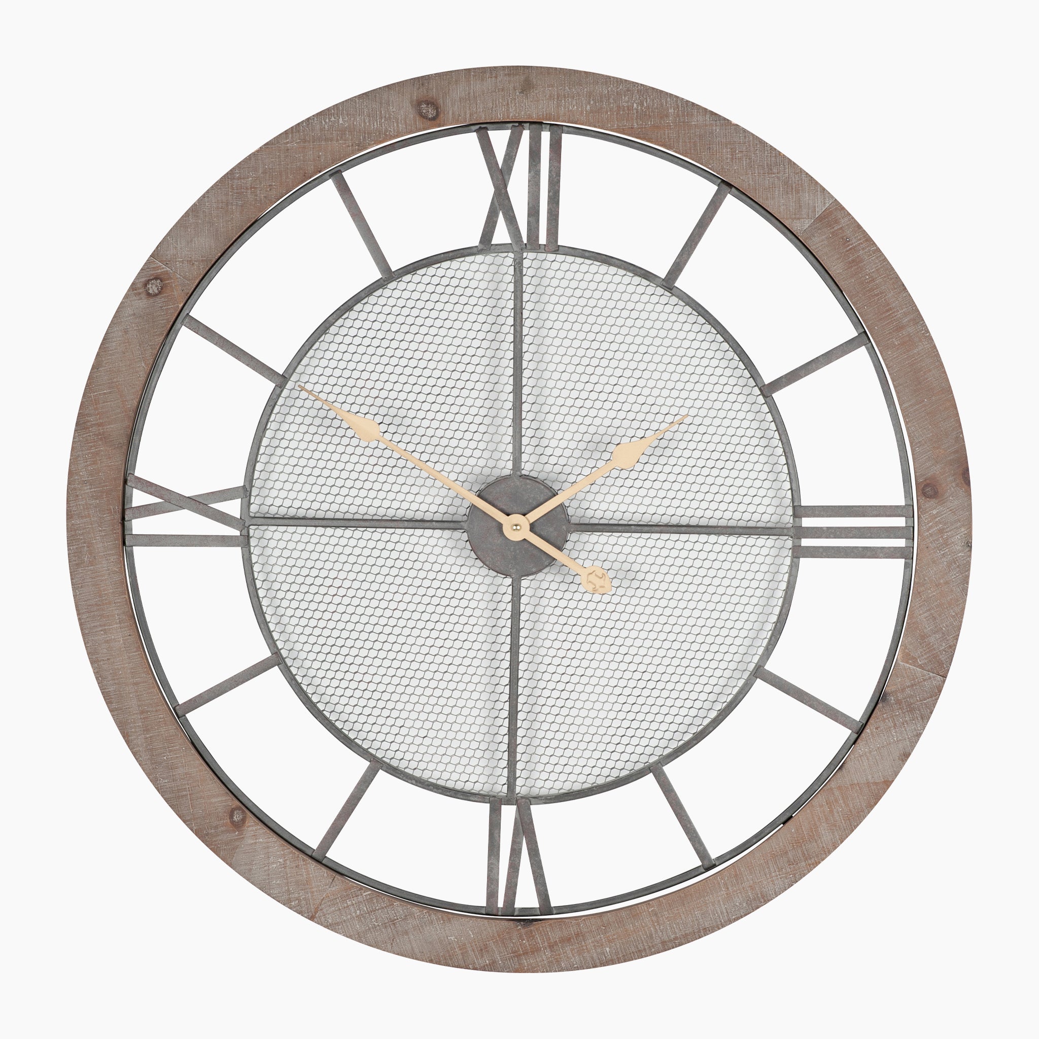 The Pacific Lifestyle Natural Wood & Metal Round Wall Clock features a wooden frame with large Roman numerals and brass hands that glide over a mesh center, effortlessly blending into an industrial natural setting.