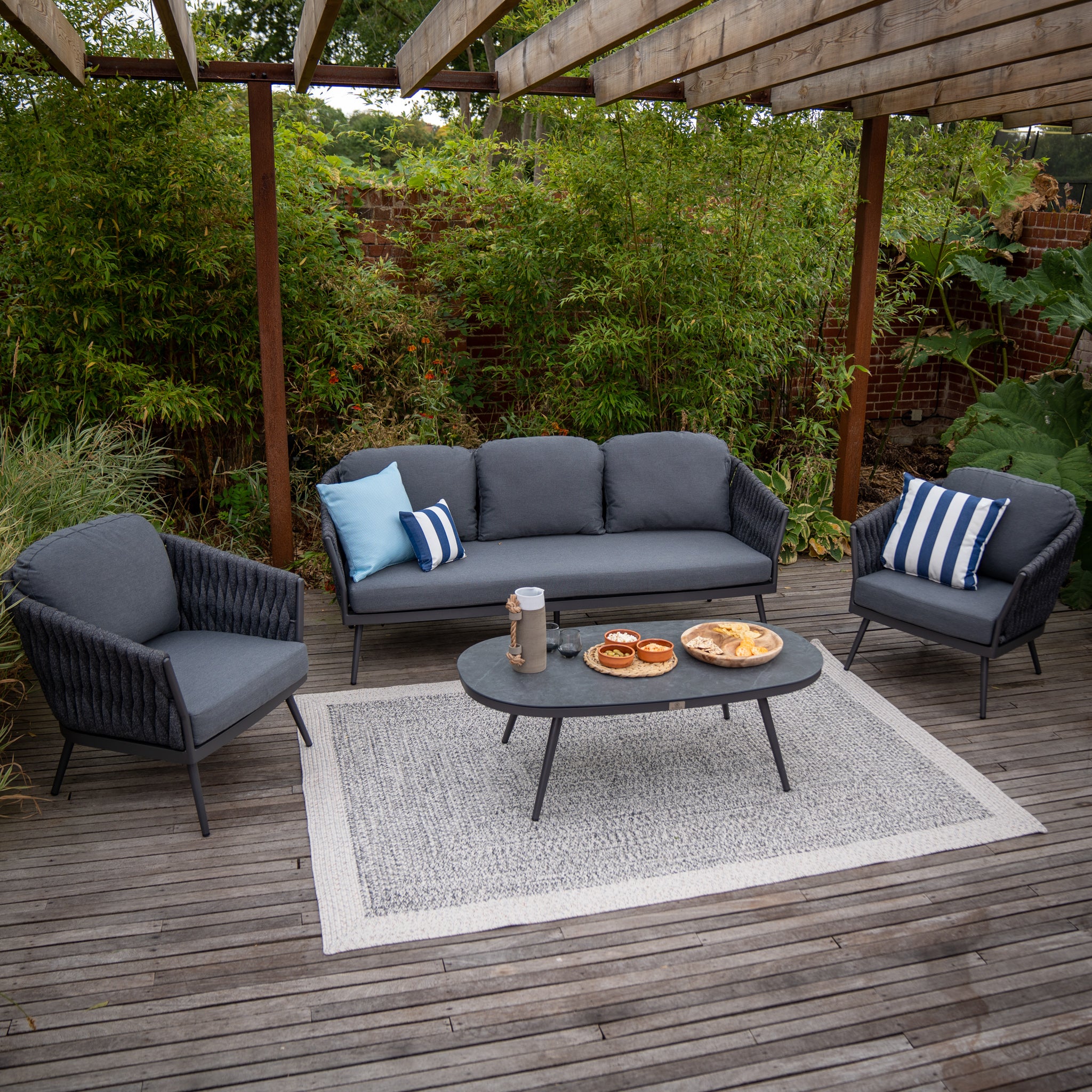 Palma 3 Seat Rope Sofa Set with Ceramic Table in Grey
