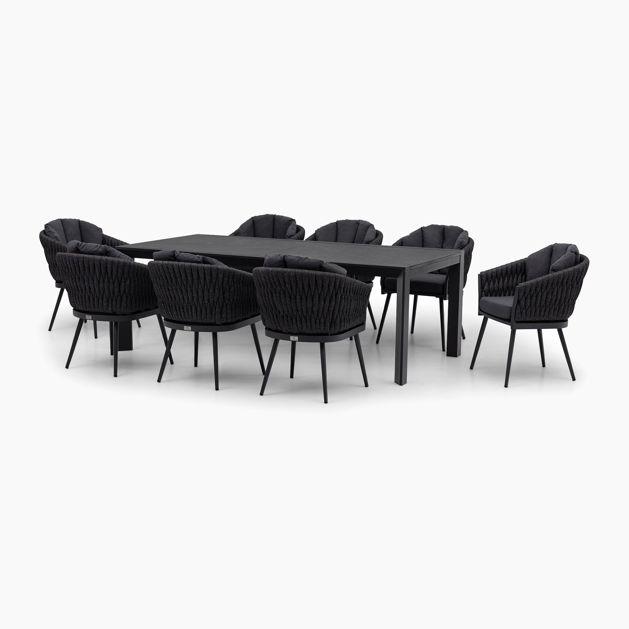 The Harbour Lifestyle Palma 8 Seat Rope Extending Dining Set in Grey features a sophisticated rectangular dining table crafted with high-quality materials and is surrounded by eight matching grey upholstered chairs.