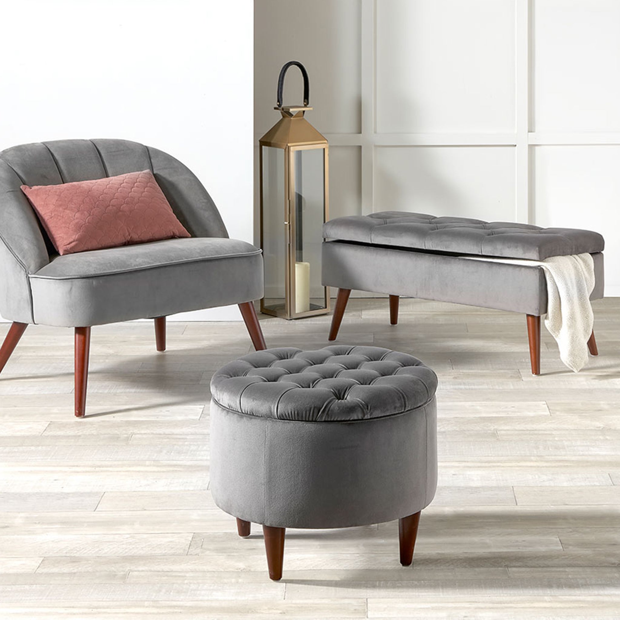Pelagia Dove Grey Velvet Buttoned Bench with Storage