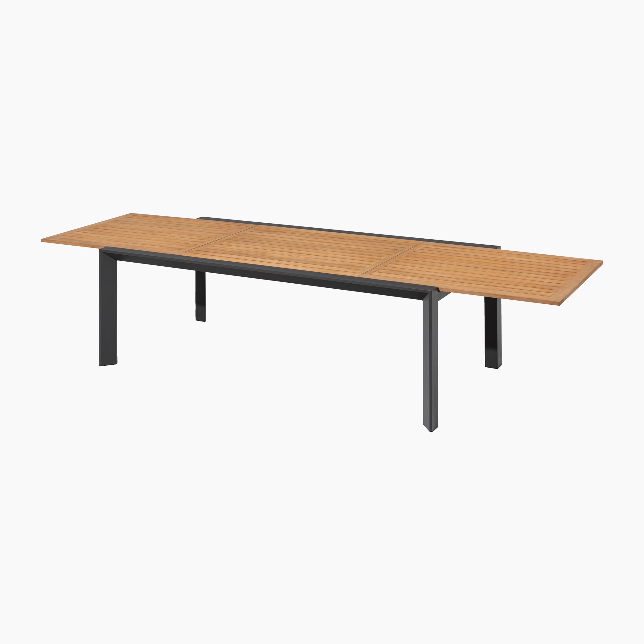 A modern, rectangular wooden table with black metal legs, this piece from the Palma 10 Seat Rope Extending Teak Dining Set in Grey collection by Harbour Lifestyle seamlessly combines contemporary design with enduring functionality. Crafted in durable teak, it functions as an extending dining set, perfect for any occasion.