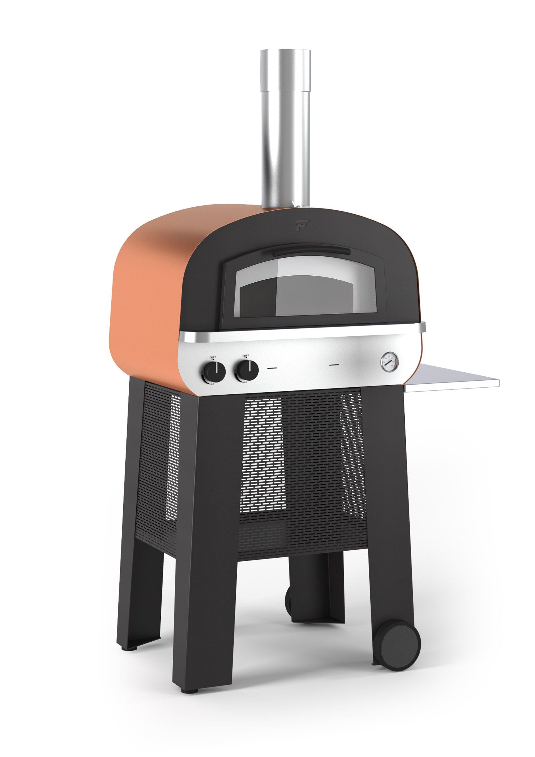 The Fontana Piero Gas & Wood Pizza Oven Including Trolley is a modern outdoor unit featuring a chimney, an orange hood, two control knobs, and a black stand with wheels.