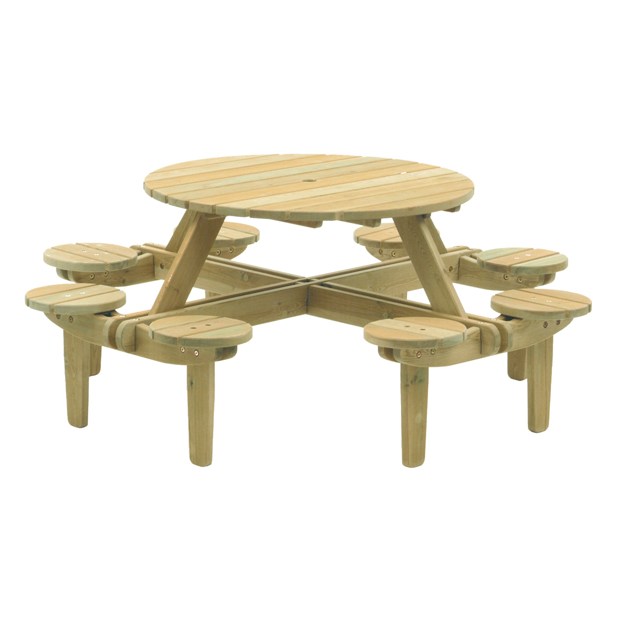 The Pine Wood Gleneagles 8 Seater Round Picnic Table is designed for outdoor use, featuring attached circular seats and crafted from timber sourced from responsibly managed forests.