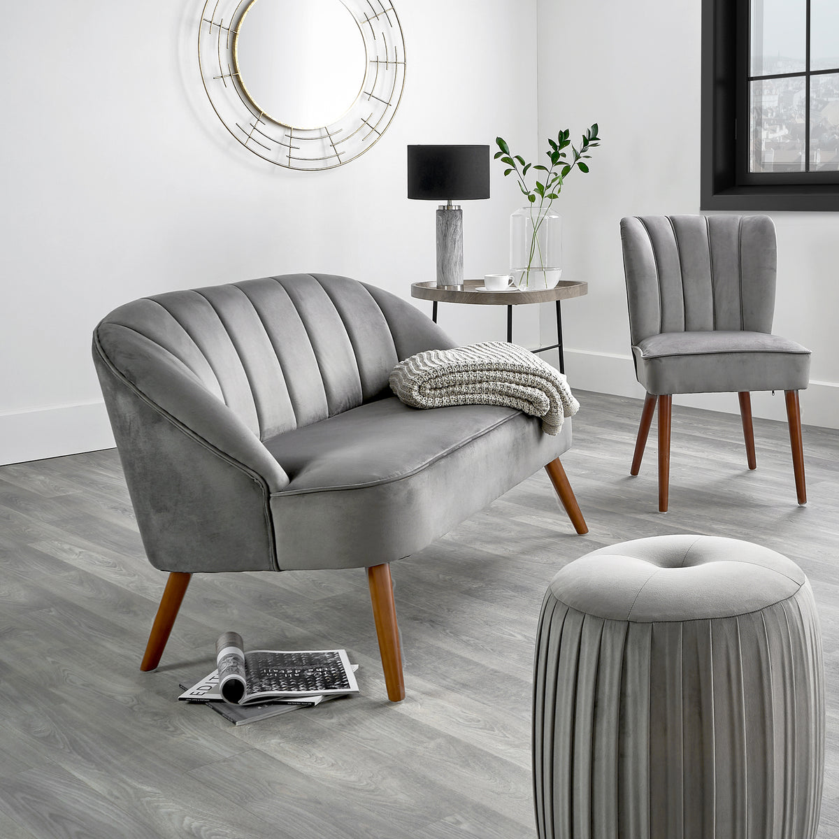 Portofino Dove Grey Velvet Sofa with Walnut Effect Legs