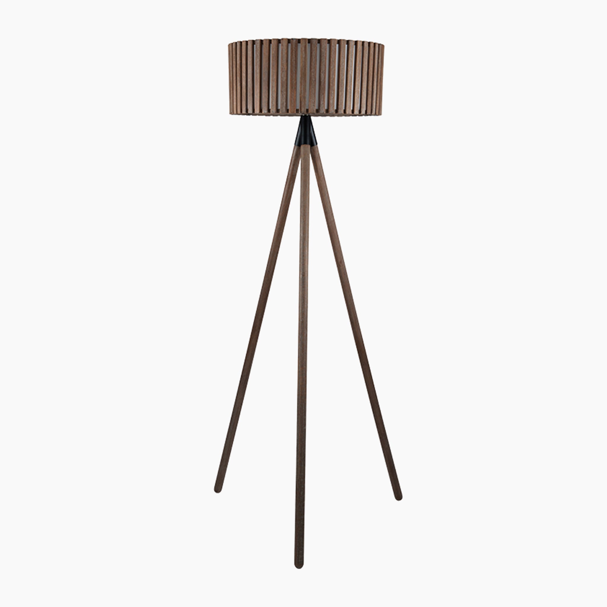 The Pacific Lifestyle Rabanne Floor Lamp features an antique wooden slat tripod base and a ribbed cylindrical shade, set against a pristine white background.