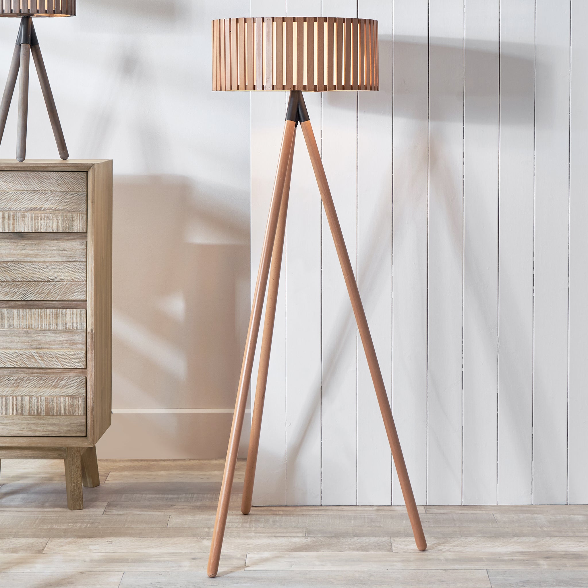 Rabanne Slatted Natural Wood Tripod Floor Lamp