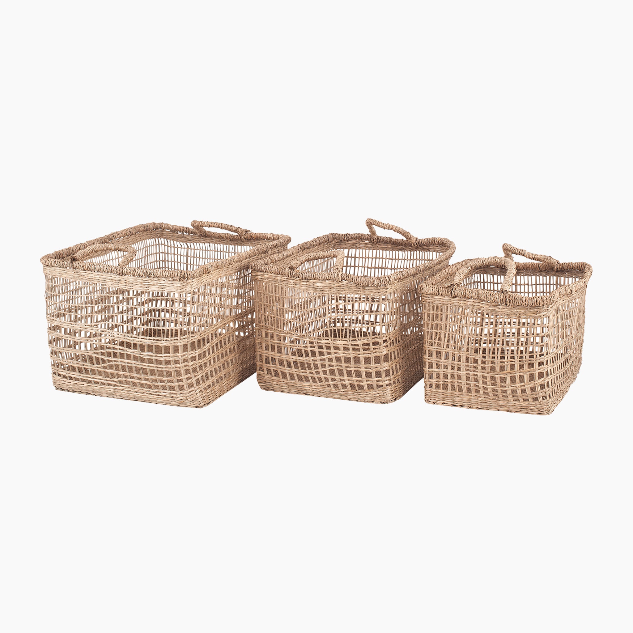 Set of 3 Open Weave Seagrass Rectangular Handled Baskets