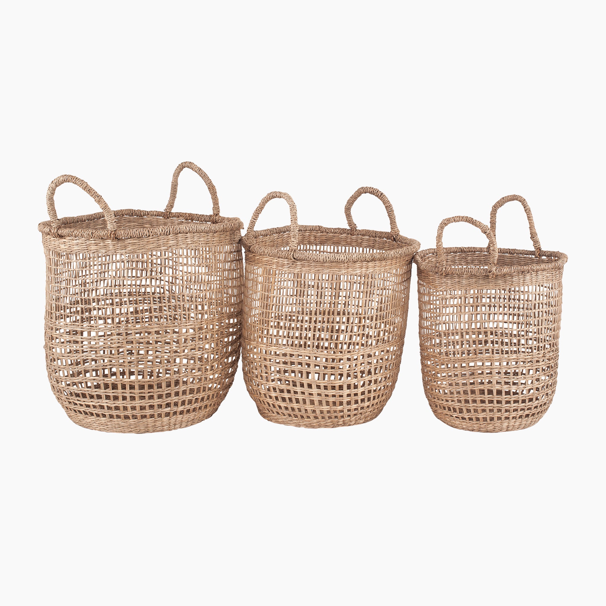 Set of 3 Open Weave Seagrass Round Handled Baskets