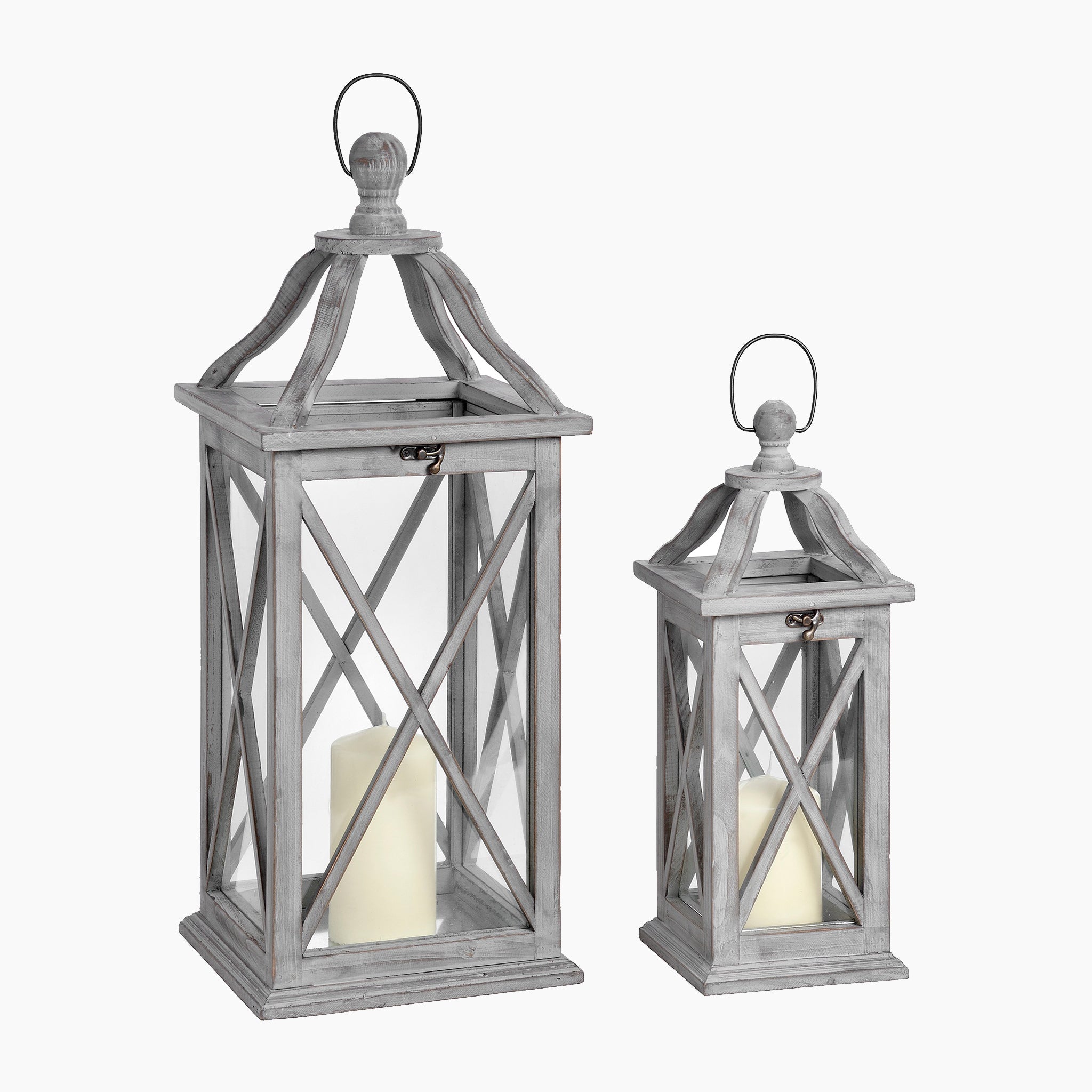 Set Of Two Grey Cross Section Lanterns With Open Tops