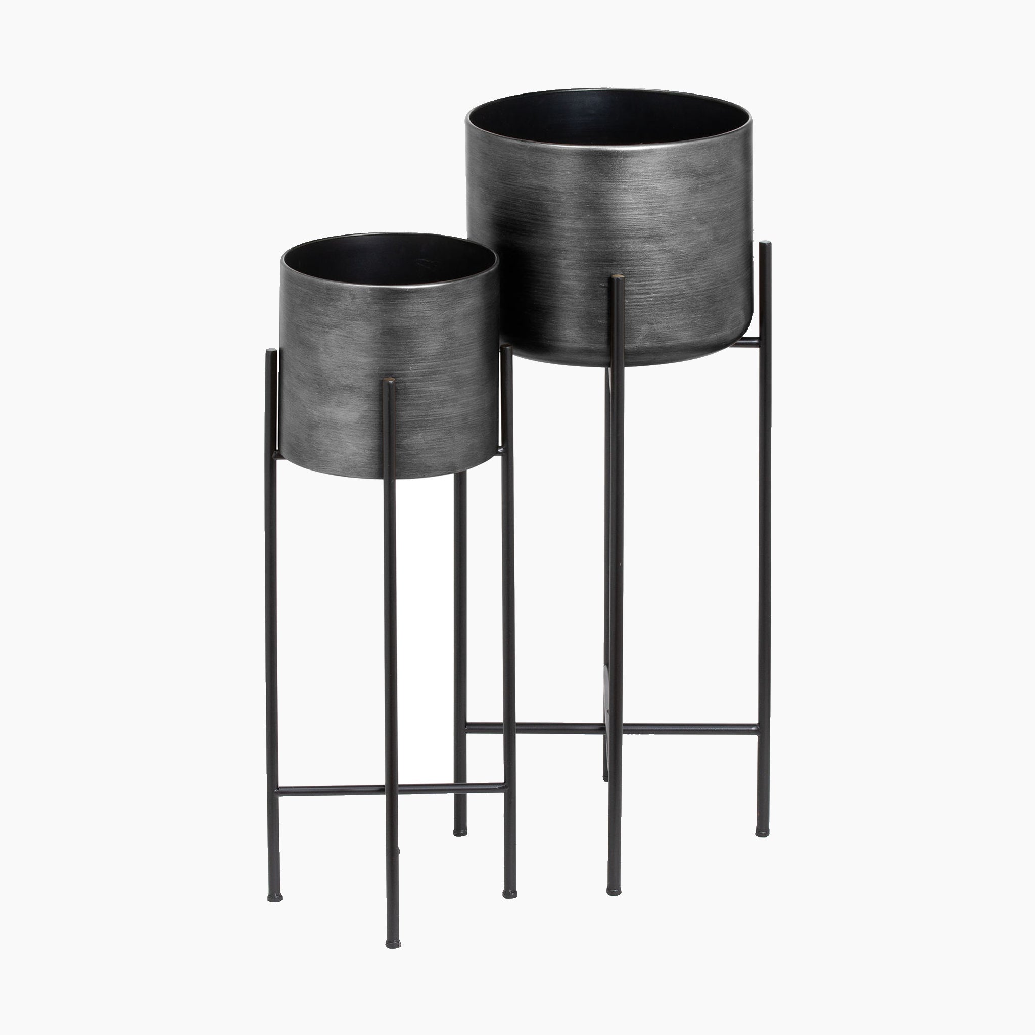 Set Of Two Grey Metallic Planters On Stand
