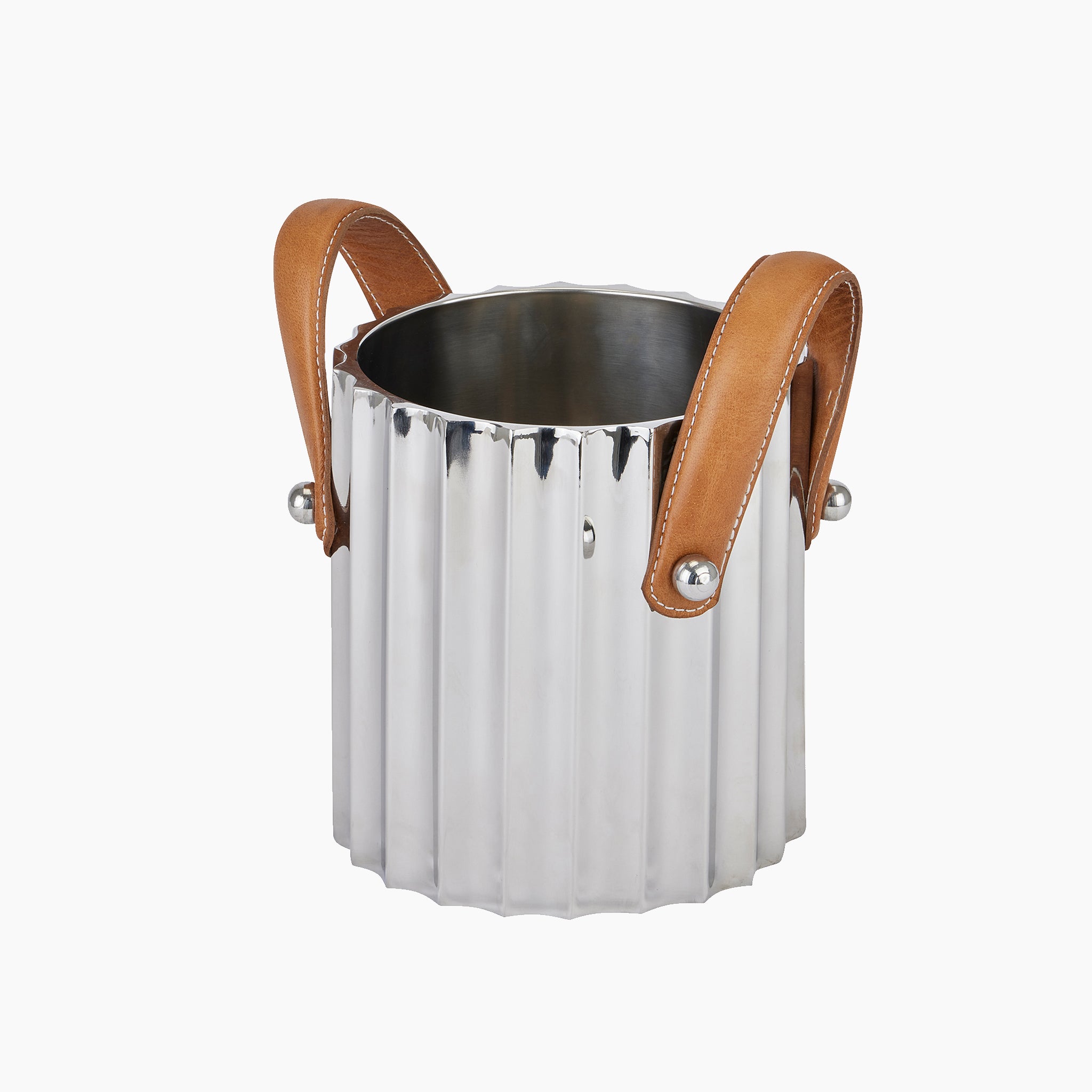 A Silver Fluted Leather Handled Single Champagne Cooler from Hill Interiors, made of stainless steel with brown leather handles and displayed on a white background.