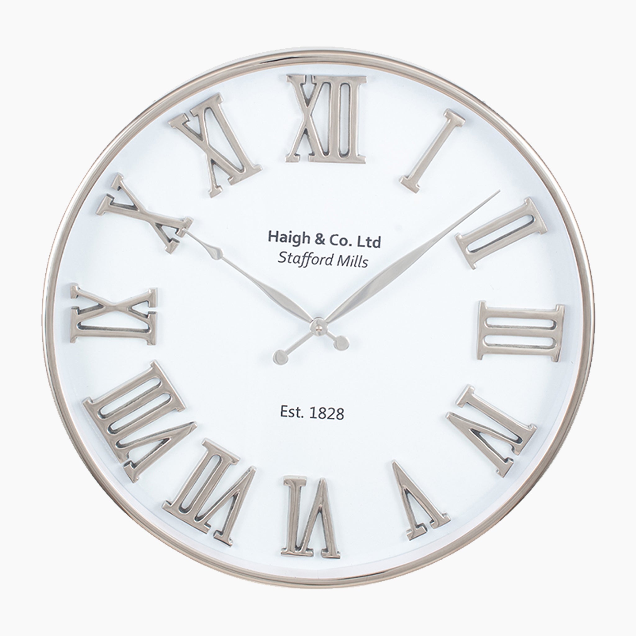 The Pacific Lifestyle Silver and White Metal Round Wall Clock features cast metal numerals and the text "Haigh & Co. Ltd," "Stafford Mills," "Est. 1828" on its white face—a stylish timepiece perfect for any decor.