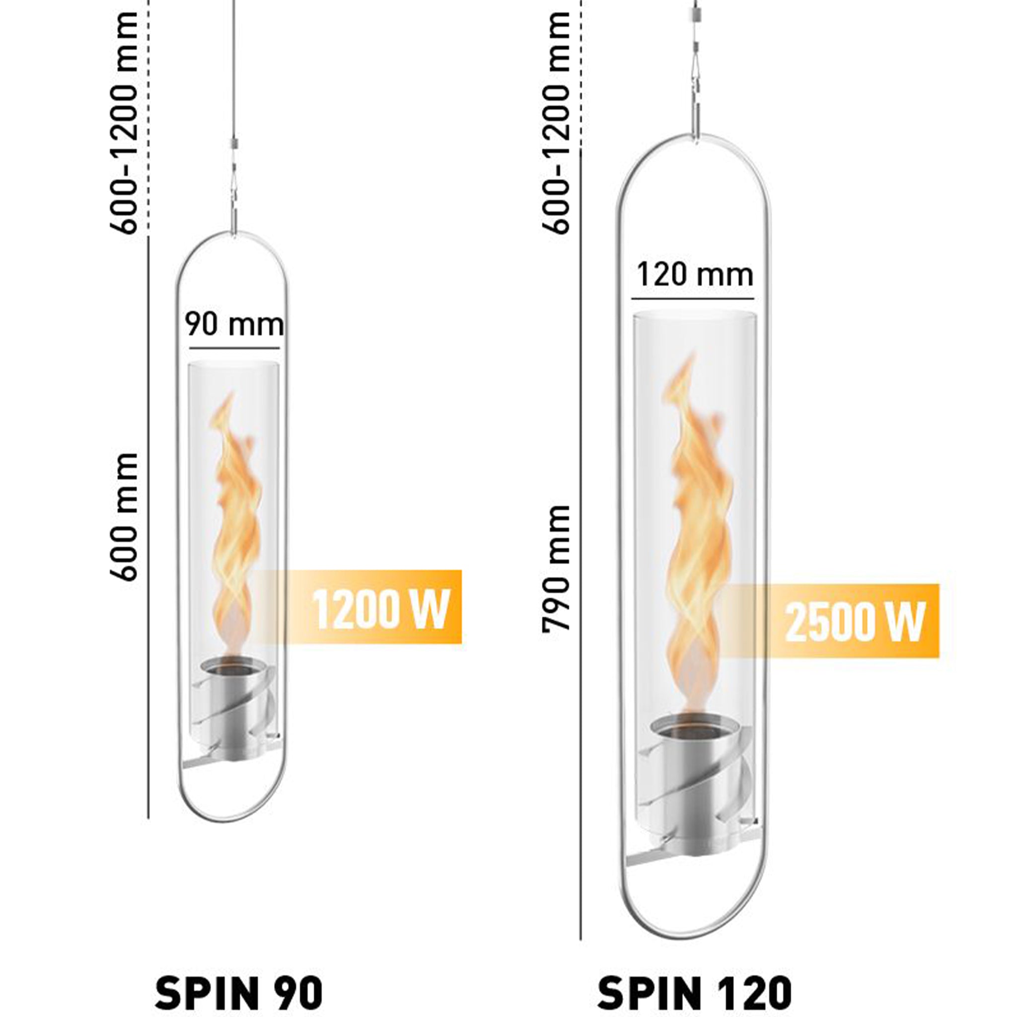 Diagram of two cylindrical hanging heaters, Höfats SPIN 90 and Höfats SPIN 120 Hanging Fire in Silver, showcasing dimensions and power. Featuring the mesmerizing vortex fire by Höfats bioethanol.