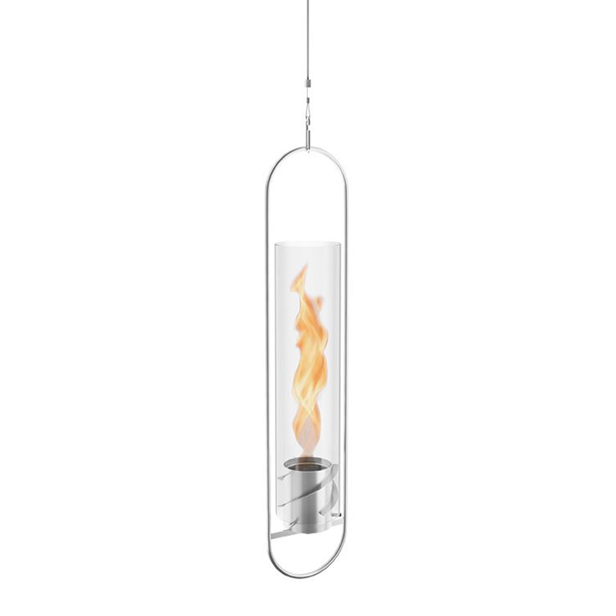Hanging clear cylindrical lantern with a visible flame inside, suspended by a thin cable, featuring the mesmerizing vortex fire effect of Höfats bioethanol, known as the Höfats SPIN 120 Hanging Fire in Silver.