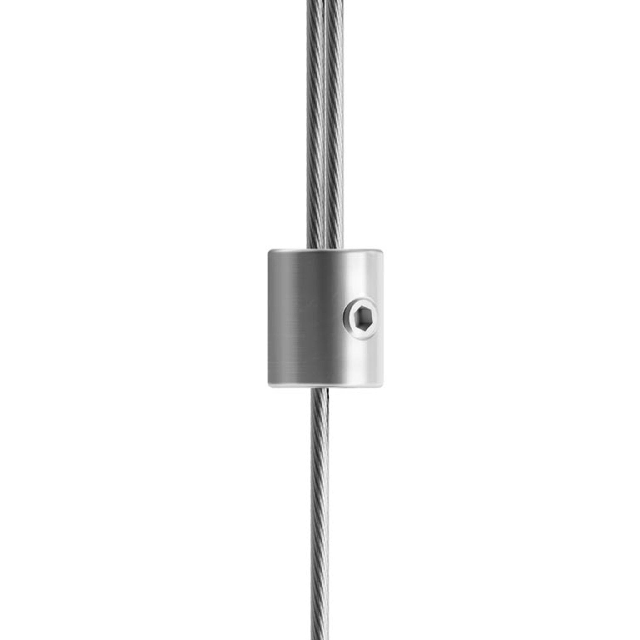 A Höfats SPIN 120 Hanging Fire in Silver with a cylindrical clamp attached to it.