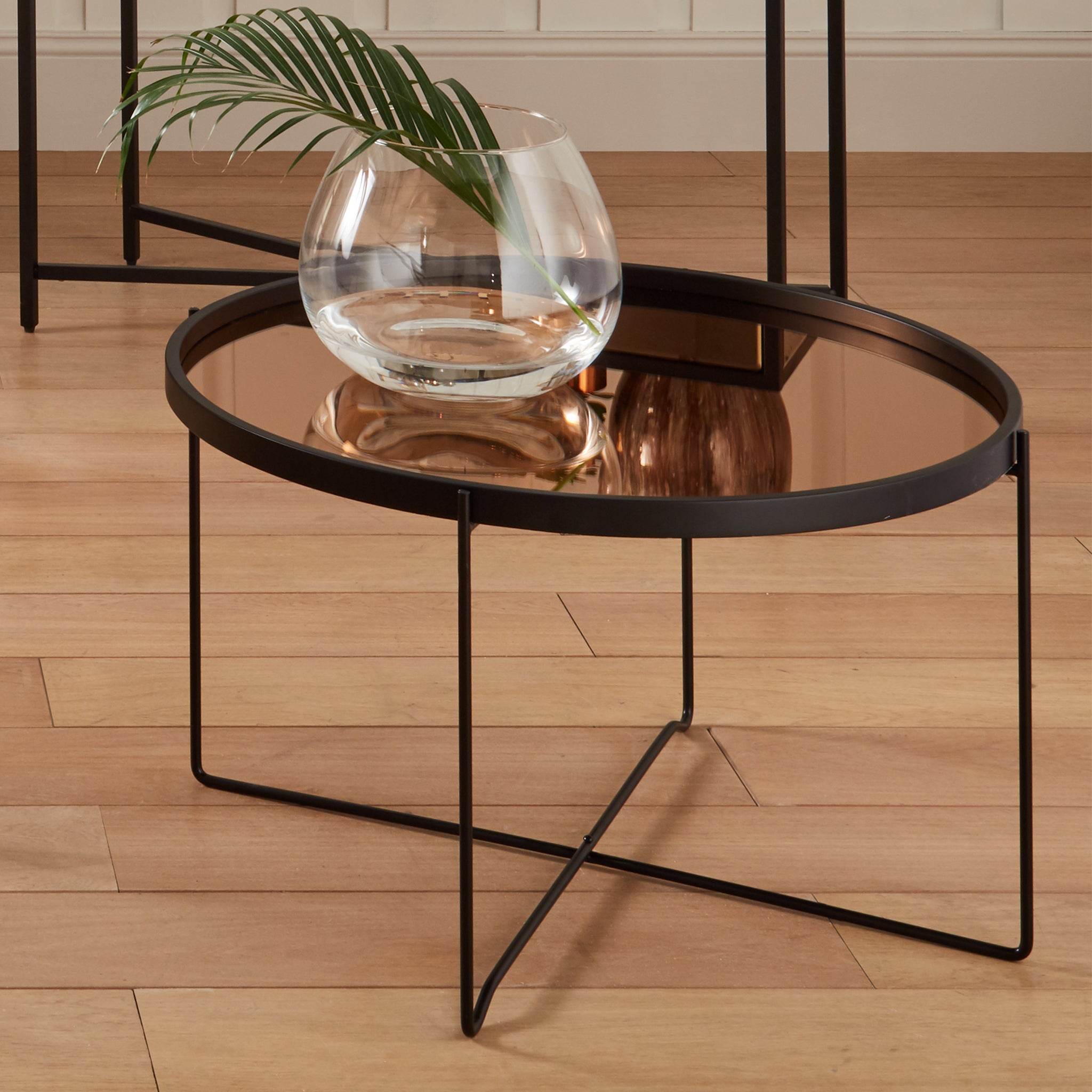 Voss Matte Black Wood & Metal Coffee Table Copper Glass
