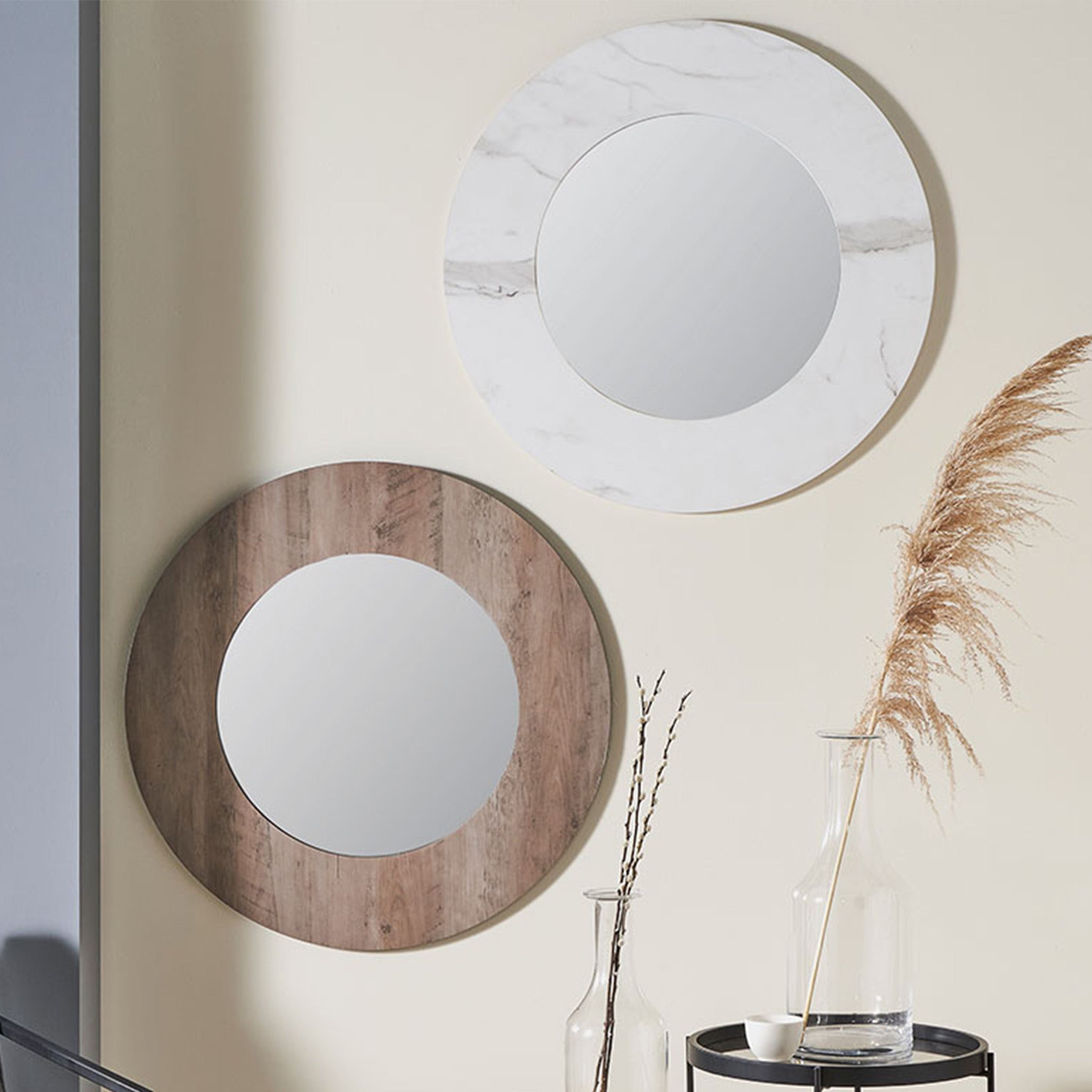 White Marble Veneer Round Wall Mirror