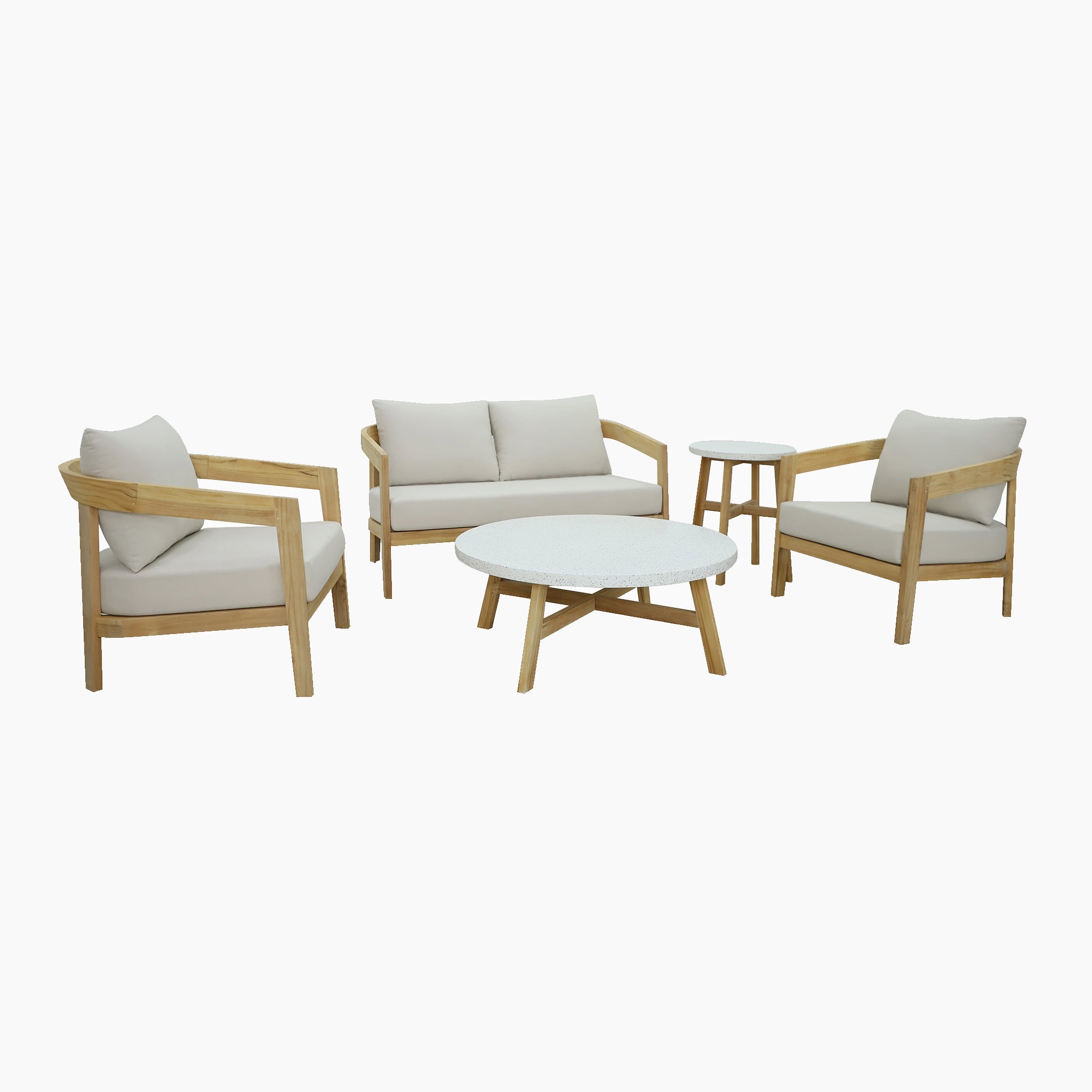 Introducing the Yosemite 2 Seat Sofa Set in Glacier: A wooden outdoor furniture set crafted from premium teak wood with beige cushions made of water-resistant polyester fabric. This elegant ensemble includes two armchairs, a loveseat, a round coffee table, and a side table.